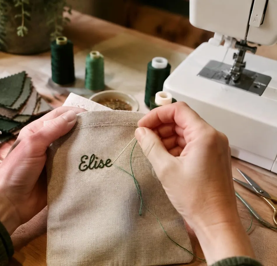 Broderie d'un prénom sur une pochette en lin dans l'atelier de Villefranche-sur-Saône