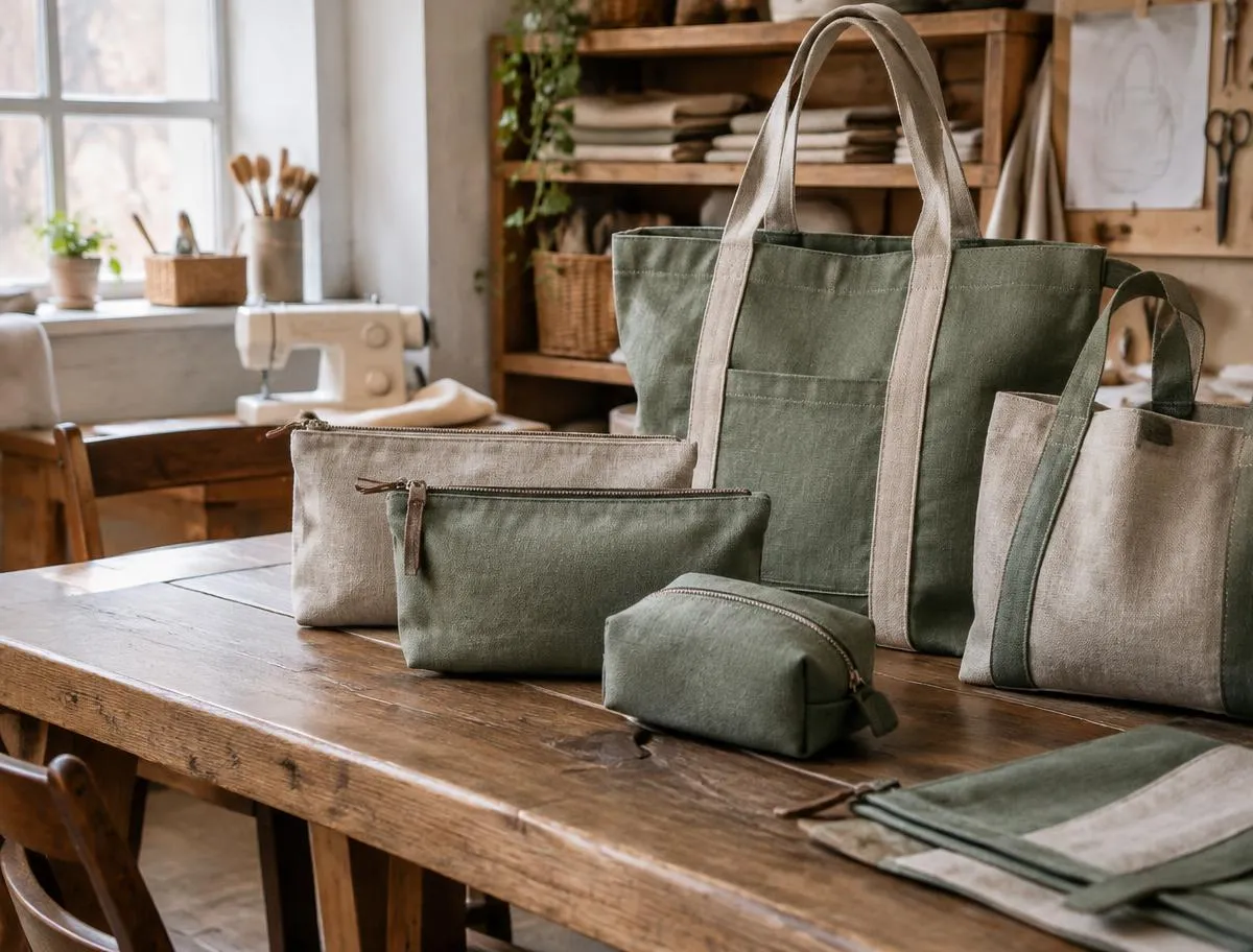 Trousses, pochettes et sacs en tissu vert et beige cousus main dans l'atelier de Villefranche-sur-Saône